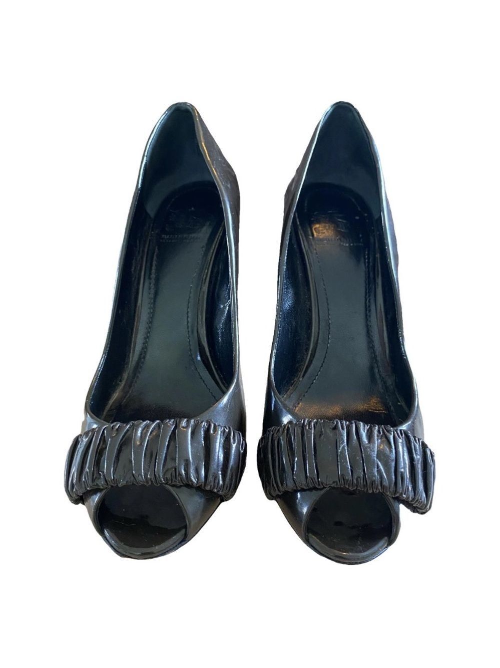 🛍️ Burberry Authentic Patent Leather Peep-Toe Heels with Ruched Detail Size 37.